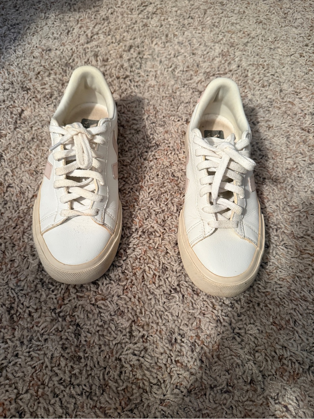 Veja Women's White Leather Sneakers with Cream & Pink Accents